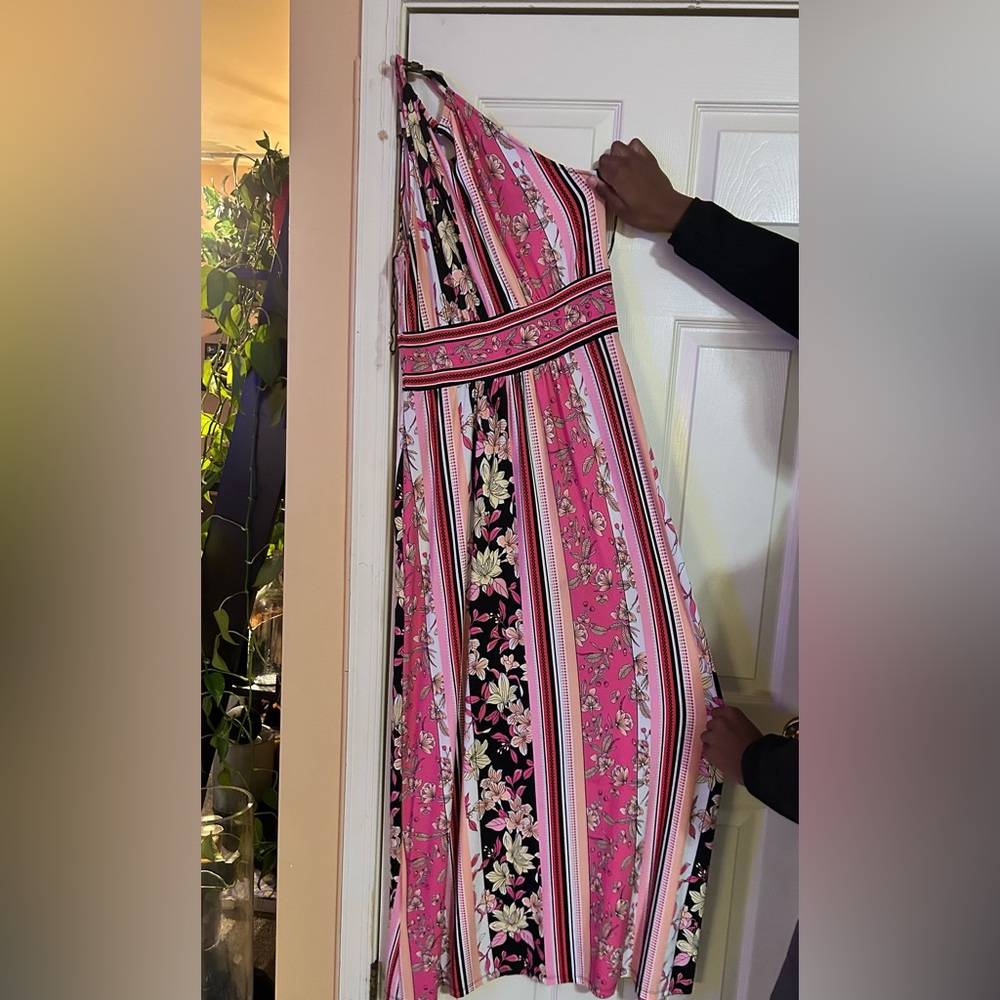 London Times Pink and Black Floral Halter Maxi Dress